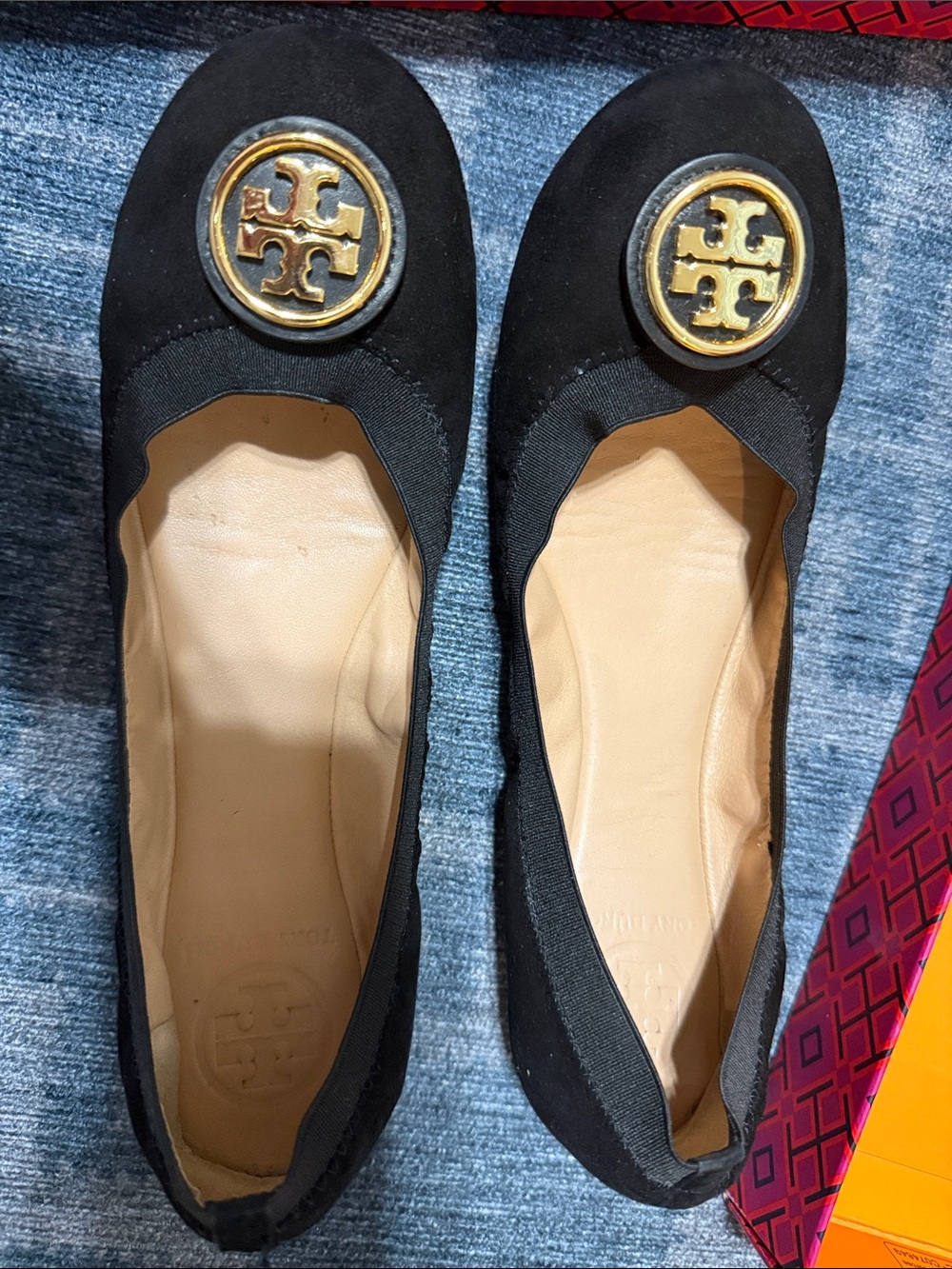 Tory Burch Black Suede Britten Ballet Flats with Gold Logo Medallions